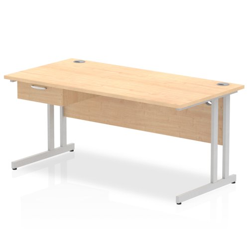 Impulse 1600 x 800mm Straight Office Desk Maple Top Silver Cantilever Leg Workstation 1 x 1 Drawer Fixed Pedestal
