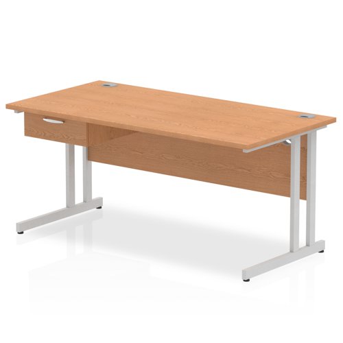 Impulse 1600 x 800mm Straight Office Desk Oak Top Silver Cantilever Leg Workstation 1 x 1 Drawer Fixed Pedestal