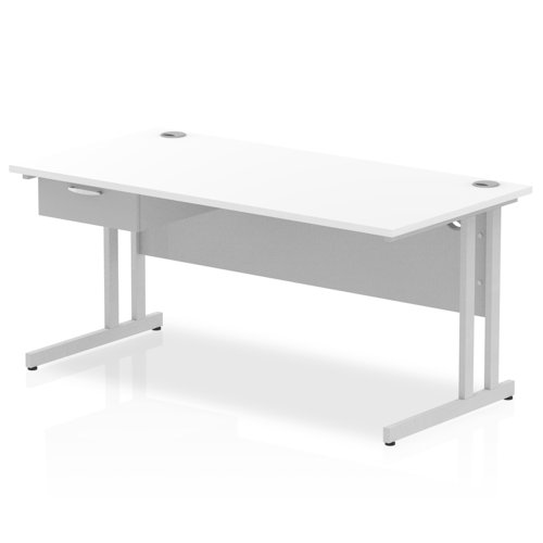 Impulse 1600 x 800mm Straight Office Desk White Top Silver Cantilever Leg Workstation 1 x 1 Drawer Fixed Pedestal