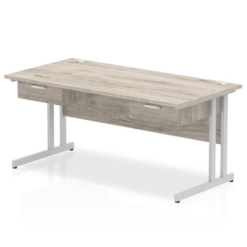 Impulse 1600 x 800mm Straight Office Desk Grey Oak Top Silver Cantilever Leg Workstation 2 x 1 Drawer Fixed Pedestal
