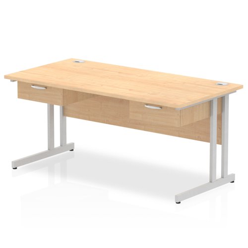 Impulse 1600 x 800mm Straight Office Desk Maple Top Silver Cantilever Leg Workstation 2 x 1 Drawer Fixed Pedestal