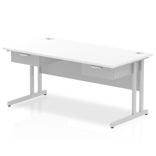 Impulse 1600 x 800mm Straight Office Desk White Top Silver Cantilever Leg Workstation 2 x 1 Drawer Fixed Pedestal