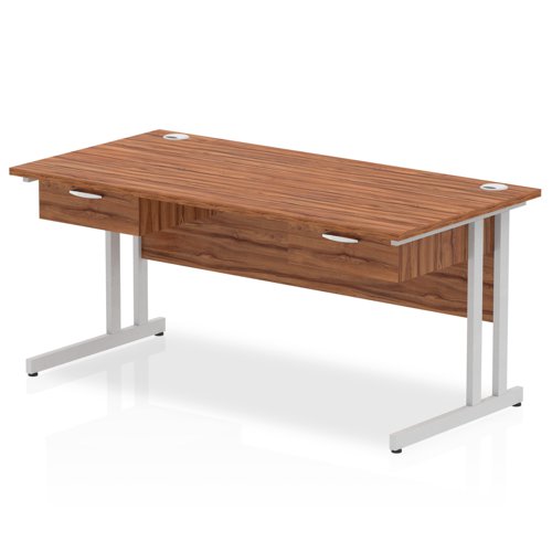 Impulse 1600 x 800mm Straight Office Desk Walnut Top Silver Cantilever Leg Workstation 2 x 1 Drawer Fixed Pedestal