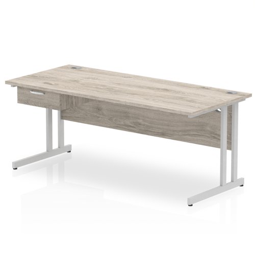 Impulse 1800 x 800mm Straight Office Desk Grey Oak Top Silver Cantilever Leg Workstation 1 x 1 Drawer Fixed Pedestal