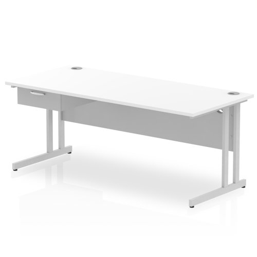 Impulse 1800 x 800mm Straight Office Desk White Top Silver Cantilever Leg Workstation 1 x 1 Drawer Fixed Pedestal