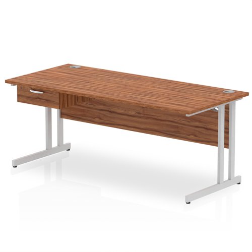 Impulse 1800 x 800mm Straight Office Desk Walnut Top Silver Cantilever Leg Workstation 1 x 1 Drawer Fixed Pedestal