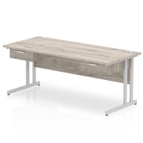Impulse 1800 x 800mm Straight Office Desk Grey Oak Top Silver Cantilever Leg Workstation 2 x 1 Drawer Fixed Pedestal