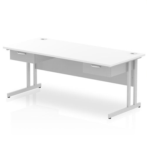 Impulse 1800 x 800mm Straight Office Desk White Top Silver Cantilever Leg Workstation 2 x 1 Drawer Fixed Pedestal