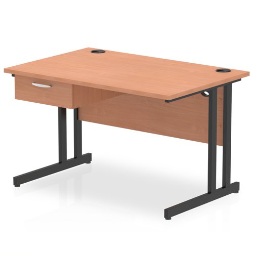 Impulse 1200 x 800mm Straight Office Desk Beech Top Black Cantilever Leg Workstation 1 x 1 Drawer Fixed Pedestal