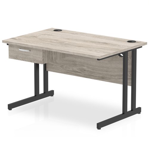 Impulse 1200 x 800mm Straight Office Desk Grey Oak Top Black Cantilever Leg Workstation 1 x 1 Drawer Fixed Pedestal