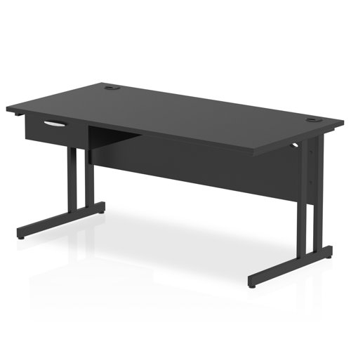Impulse 1600 x 800mm Straight Office Desk Black Top Black Cantilever Leg Workstation 1 x 1 Drawer Fixed Pedestal