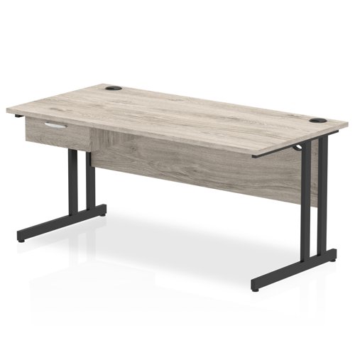 Impulse 1600 x 800mm Straight Office Desk Grey Oak Top Black Cantilever Leg Workstation 1 x 1 Drawer Fixed Pedestal