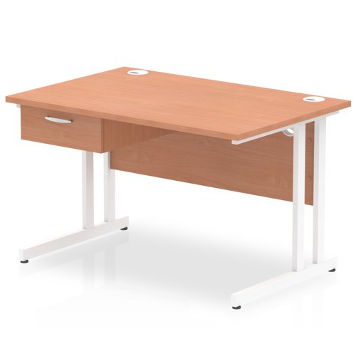 Impulse 1200 x 800mm Straight Office Desk Beech Top White Cantilever Leg Workstation 1 x 1 Drawer Fixed Pedestal