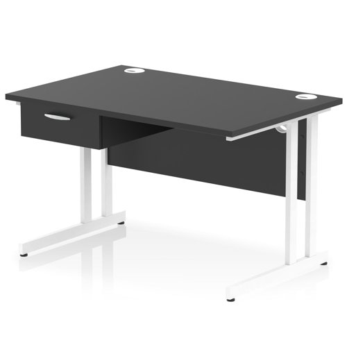 Impulse 1200 x 800mm Straight Office Desk Black Top White Cantilever Leg Workstation 1 x 1 Drawer Fixed Pedestal