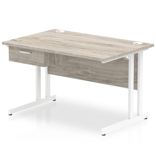 Impulse 1200 x 800mm Straight Office Desk Grey Oak Top White Cantilever Leg Workstation 1 x 1 Drawer Fixed Pedestal