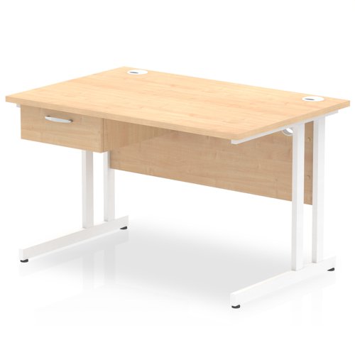 Impulse 1200 x 800mm Straight Office Desk Maple Top White Cantilever Leg Workstation 1 x 1 Drawer Fixed Pedestal
