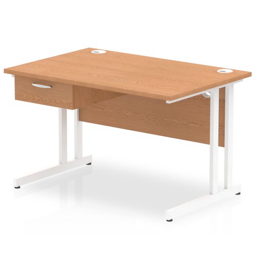 Impulse 1200 x 800mm Straight Office Desk Oak Top White Cantilever Leg Workstation 1 x 1 Drawer Fixed Pedestal