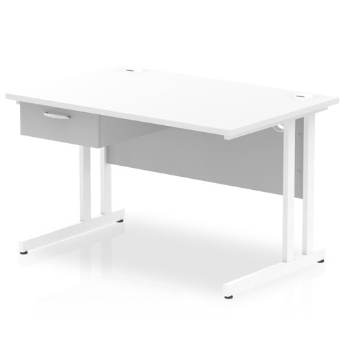 Impulse 1200 x 800mm Straight Office Desk White Top White Cantilever Leg Workstation 1 x 1 Drawer Fixed Pedestal