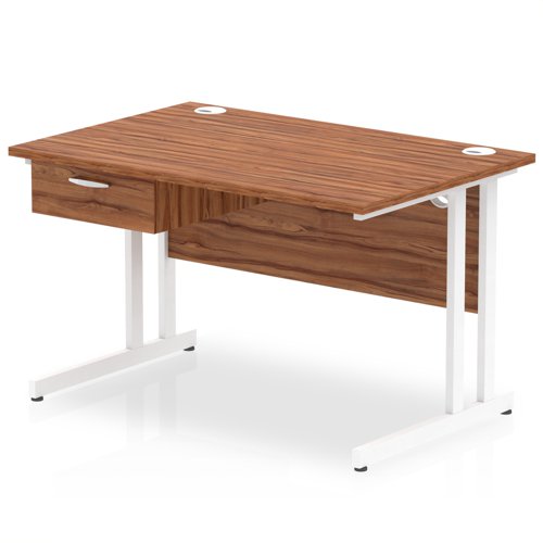 Impulse 1200 x 800mm Straight Office Desk Walnut Top White Cantilever Leg Workstation 1 x 1 Drawer Fixed Pedestal