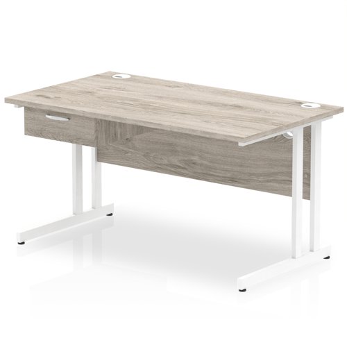 Impulse 1400 x 800mm Straight Office Desk Grey Oak Top White Cantilever Leg Workstation 1 x 1 Drawer Fixed Pedestal