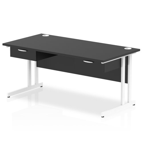 Impulse 1600 x 800mm Straight Office Desk Black Top White Cantilever Leg Workstation 2 x 1 Drawer Fixed Pedestal