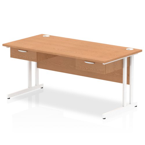 Impulse 1600 x 800mm Straight Office Desk Oak Top White Cantilever Leg Workstation 2 x 1 Drawer Fixed Pedestal