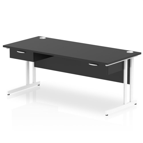 Impulse 1800 x 800mm Straight Office Desk Black Top White Cantilever Leg Workstation 2 x 1 Drawer Fixed Pedestal