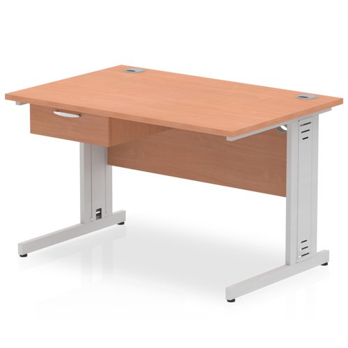 Impulse 1200 x 800mm Straight Office Desk Beech Top Silver Cable Managed Leg Workstation 1 x 1 Drawer Fixed Pedestal