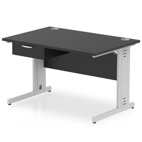 Impulse 1200 x 800mm Straight Office Desk Black Top Silver Cable Managed Leg Workstation 1 x 1 Drawer Fixed Pedestal