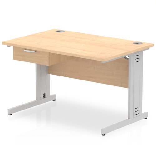 Impulse 1200 x 800mm Straight Office Desk Maple Top Silver Cable Managed Leg Workstation 1 x 1 Drawer Fixed Pedestal