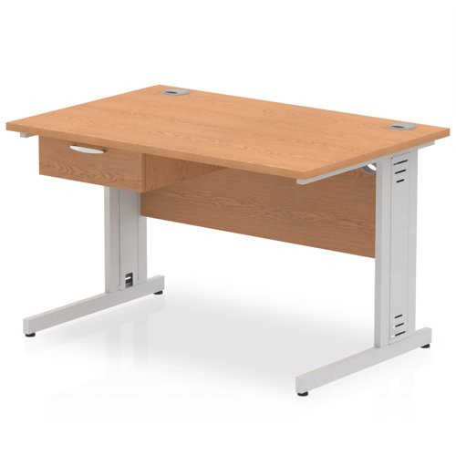 Impulse 1200 x 800mm Straight Office Desk Oak Top Silver Cable Managed Leg Workstation 1 x 1 Drawer Fixed Pedestal