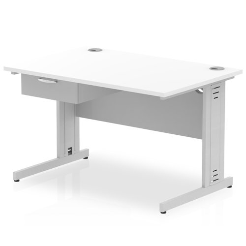 Impulse 1200 x 800mm Straight Office Desk White Top Silver Cable Managed Leg Workstation 1 x 1 Drawer Fixed Pedestal