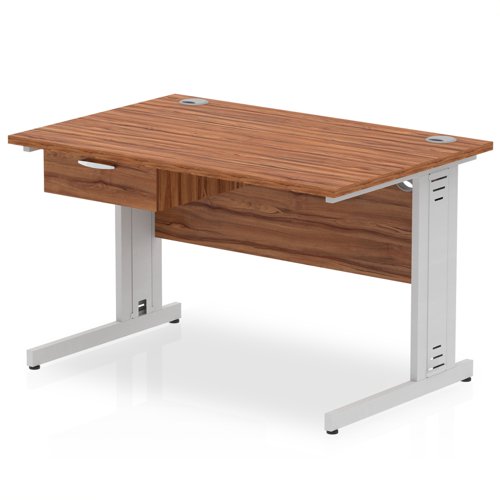 Impulse 1200 x 800mm Straight Office Desk Walnut Top Silver Cable Managed Leg Workstation 1 x 1 Drawer Fixed Pedestal