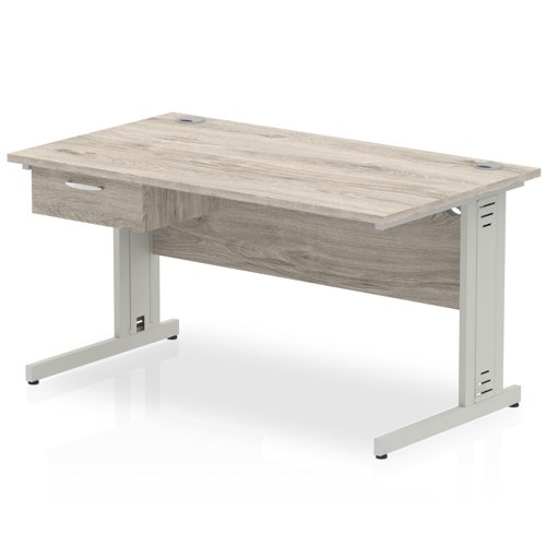 Impulse 1400 x 800mm Straight Office Desk Grey Oak Top Silver Cable Managed Leg Workstation 1 x 1 Drawer Fixed Pedestal