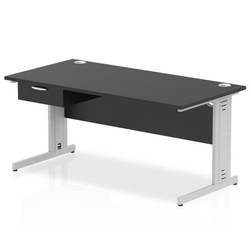 Impulse 1600 x 800mm Straight Office Desk Black Top Silver Cable Managed Leg Workstation 1 x 1 Drawer Fixed Pedestal