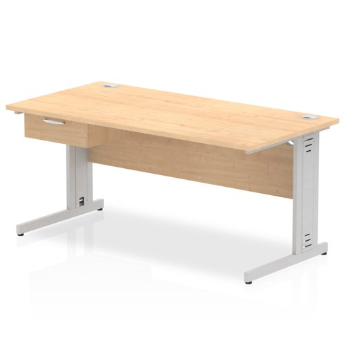 Impulse 1600 x 800mm Straight Office Desk Maple Top Silver Cable Managed Leg Workstation 1 x 1 Drawer Fixed Pedestal
