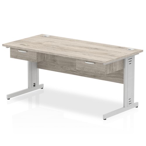 Impulse 1600 x 800mm Straight Office Desk Grey Oak Top Silver Cable Managed Leg Workstation 2 x 1 Drawer Fixed Pedestal