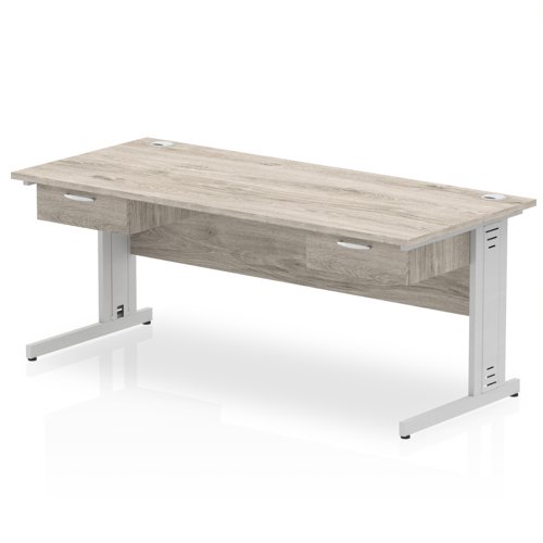 Impulse 1800 x 800mm Straight Office Desk Grey Oak Top Silver Cable Managed Leg Workstation 2 x 1 Drawer Fixed Pedestal