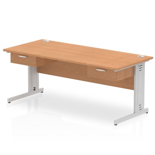 Impulse 1800 x 800mm Straight Office Desk Oak Top Silver Cable Managed Leg Workstation 2 x 1 Drawer Fixed Pedestal