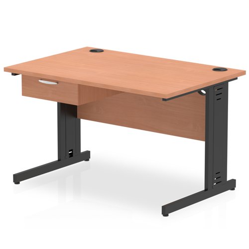 Impulse 1200 x 800mm Straight Office Desk Beech Top Black Cable Managed Leg Workstation 1 x 1 Drawer Fixed Pedestal