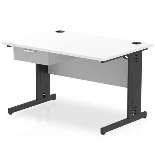 Impulse 1200 x 800mm Straight Office Desk White Top Black Cable Managed Leg Workstation 1 x 1 Drawer Fixed Pedestal