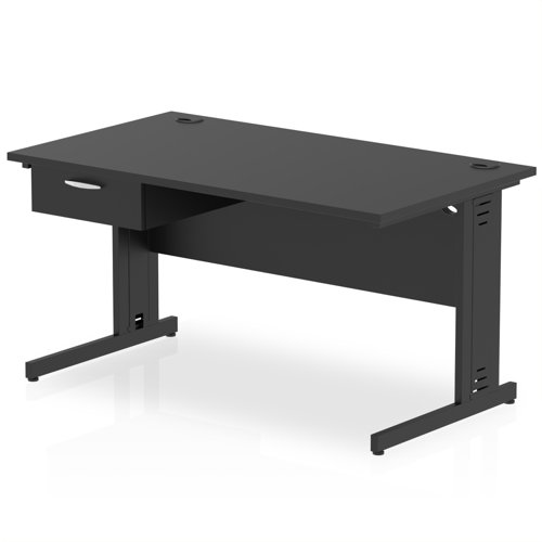 Impulse 1400 x 800mm Straight Office Desk Black Top Black Cable Managed Leg Workstation 1 x 1 Drawer Fixed Pedestal