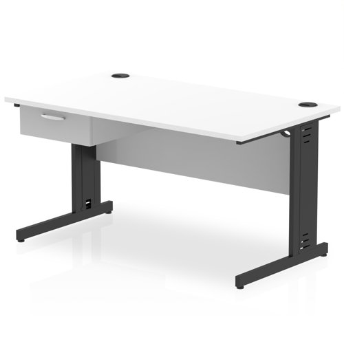 Impulse 1400 x 800mm Straight Office Desk White Top Black Cable Managed Leg Workstation 1 x 1 Drawer Fixed Pedestal