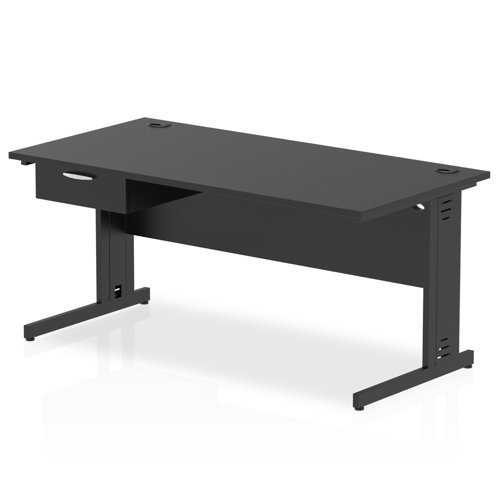 Impulse 1600 x 800mm Straight Office Desk Black Top Black Cable Managed Leg Workstation 1 x 1 Drawer Fixed Pedestal