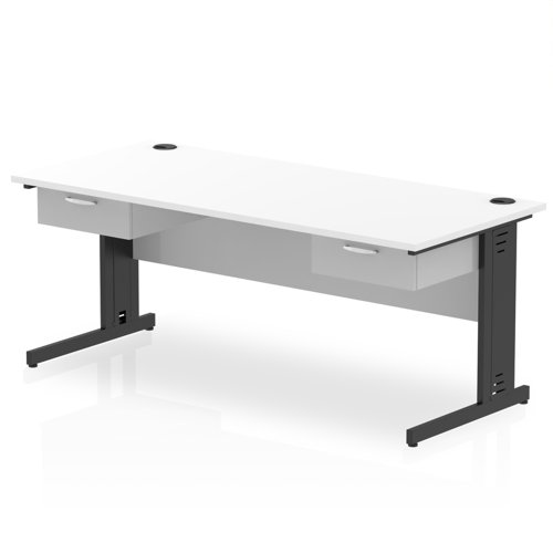 Impulse 1800 x 800mm Straight Office Desk White Top Black Cable Managed Leg Workstation 2 x 1 Drawer Fixed Pedestal