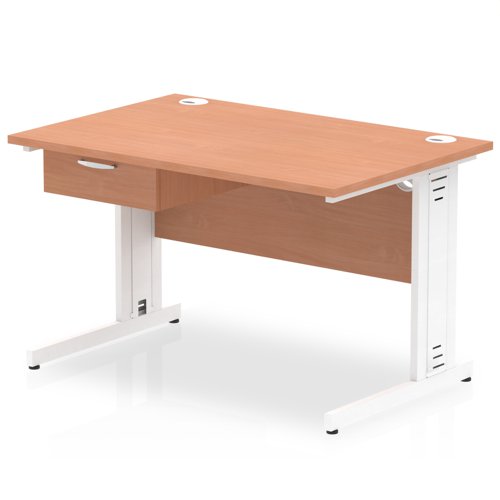 Impulse 1200 x 800mm Straight Office Desk Beech Top White Cable Managed Leg Workstation 1 x 1 Drawer Fixed Pedestal