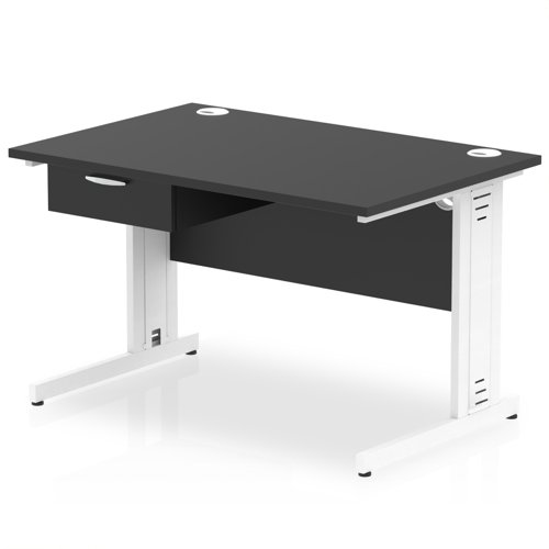 Impulse 1200 x 800mm Straight Office Desk Black Top White Cable Managed Leg Workstation 1 x 1 Drawer Fixed Pedestal