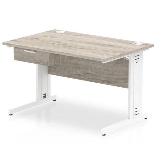 Impulse 1200 x 800mm Straight Office Desk Grey Oak Top White Cable Managed Leg Workstation 1 x 1 Drawer Fixed Pedestal