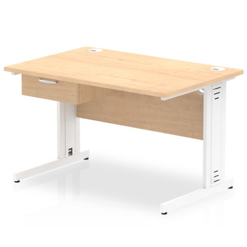 Impulse 1200 x 800mm Straight Office Desk Maple Top White Cable Managed Leg Workstation 1 x 1 Drawer Fixed Pedestal