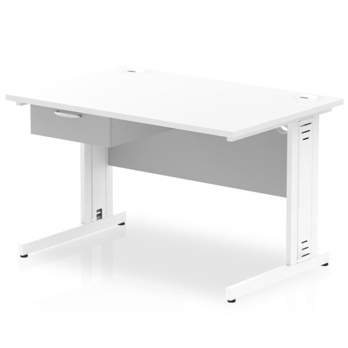 Impulse 1200 x 800mm Straight Office Desk White Top White Cable Managed Leg Workstation 1 x 1 Drawer Fixed Pedestal